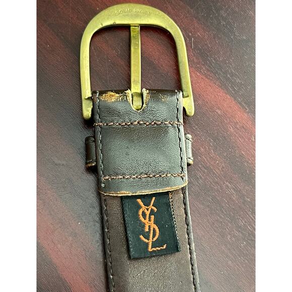 VTG YSL Belt Size 40 Solid Brass Buckle Brown Kipskin Saddle Leather Flaws - Picture 6 of 10